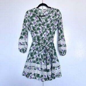 Maje | Green white Roman floral print lace inset long sleeve mini dress | Sz 36
